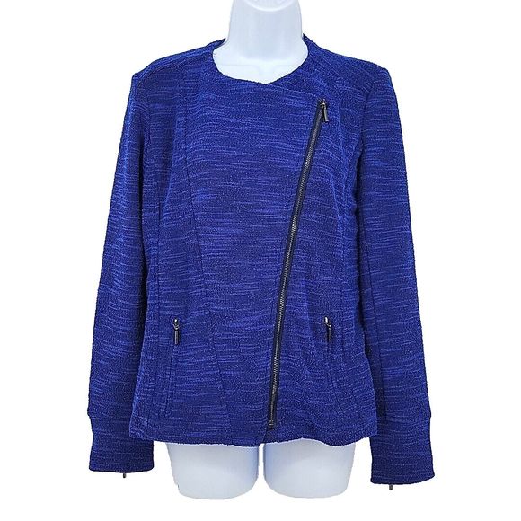 H by Halston Jackets & Blazers - H by Halston Womens Tweed Jacket Size 6 Blue Zippers Asymmetrical Stretchy‎